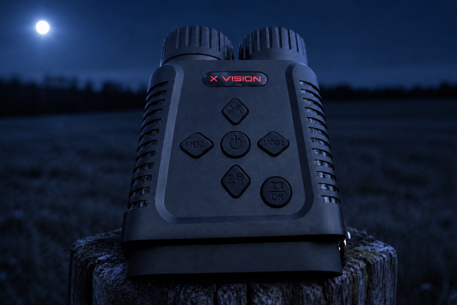 X-Vision Shadow MNV 100 on a fence post at night