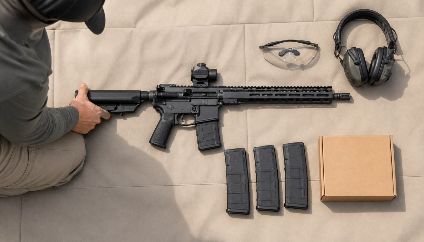 AR-15 laid out with loaded magazines, eye protection and hearing protection during a range build check.