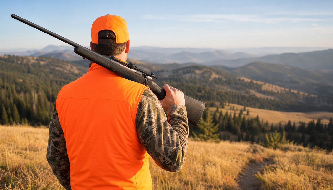 Hunter in blaze orange carrying a bolt-action rifle across open daylight hunting country.