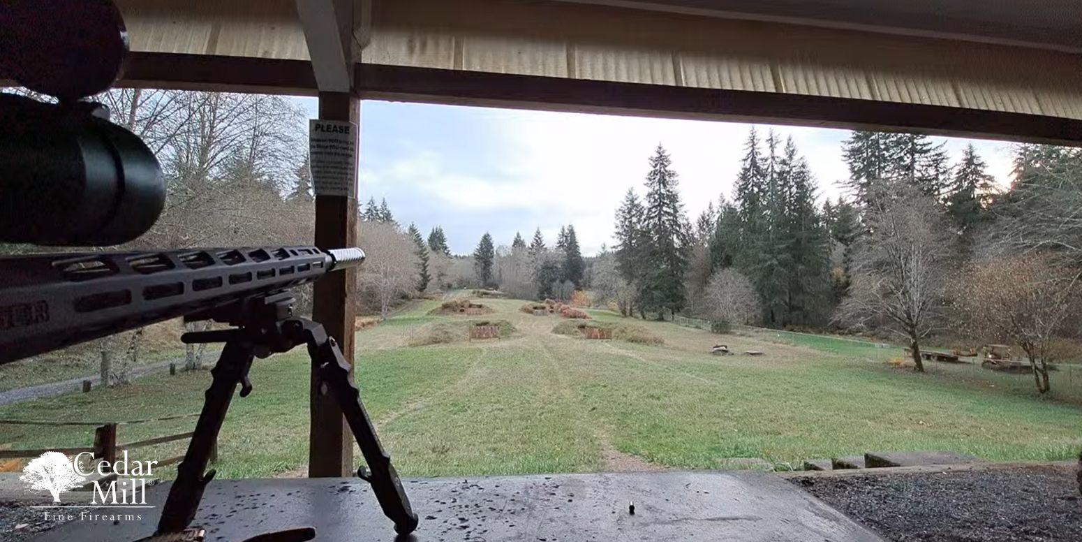 Field Testing the Anechox .22 Cal Suppressor mounted on a Ruger Mark III with Javelin Pro Hunt Bipod holding the Rifle in a shooting position