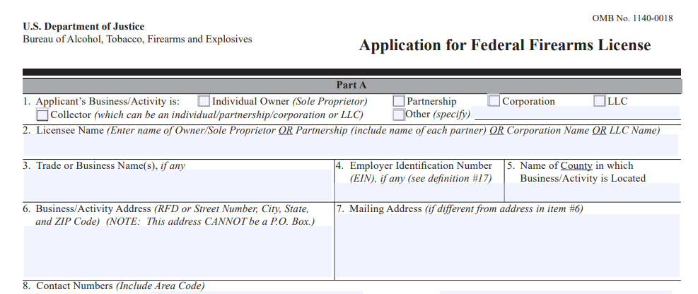 A federal firearms license application form with fields for personal and business information.